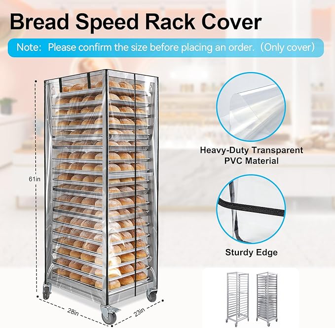 Bun Pan Sheet Rack CoverBread Speed Rack Cover with ZipperCommercial Bakery Racks 23x28x61Clear PVC Waterproof Dustproof Bread rack Cover with Breathable Mesh Vent (20-Tier TPU)