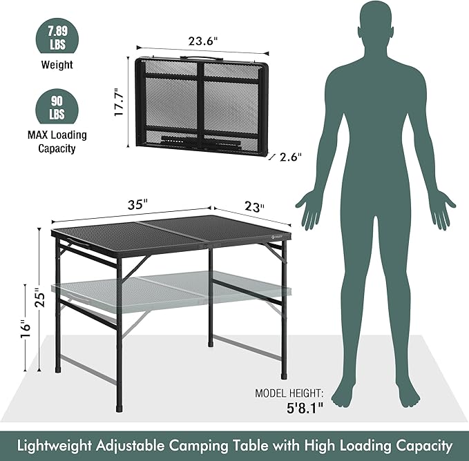 VILLEY Grill Table 3ft Folding Camping Table with Aluminum Adjustable Legs Portable Lightweight Camp Table for Beach Picnics and Outdoor Cooking