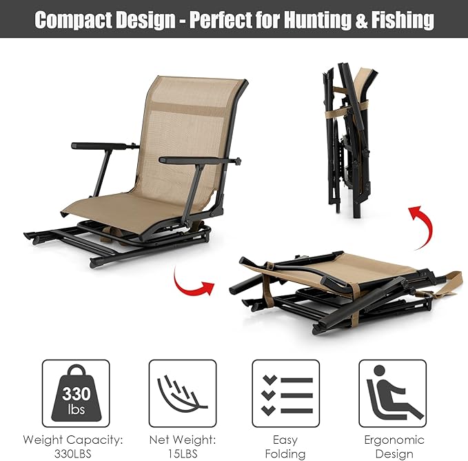 Tangkula 360-Degree Hunting Swivel Chair Ground Blind Chairs w/Armrest &amp Mesh Back Foldable Hunting Chairs w/Non-Slip Foot Pads &amp Steel Frame Portable Hunting Seats for Camping Hunting Fi
