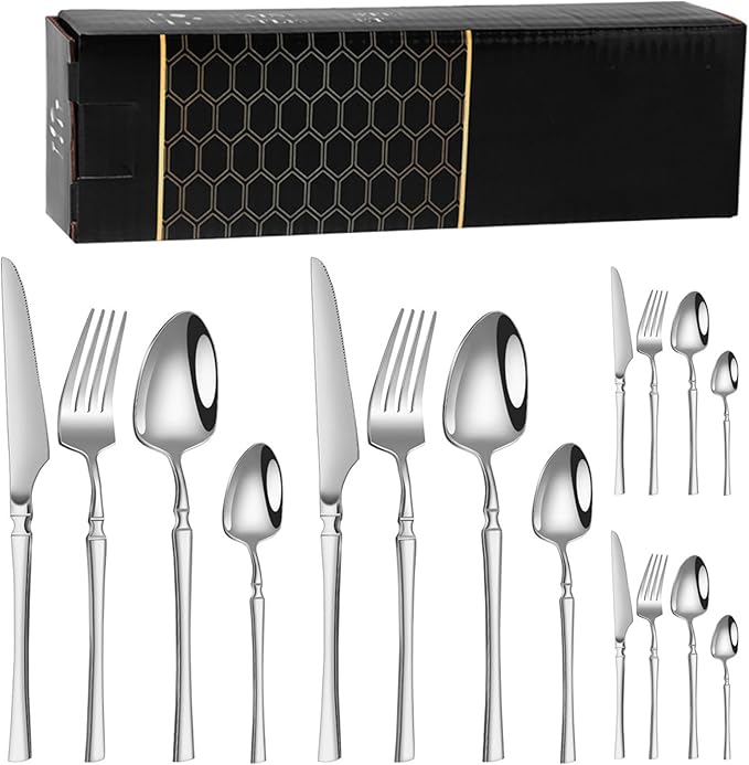 Mirror Polished Mirror Polished Utensils Set Include Fork Knife Spoon Set Modern Design Cutlery Utensil Sets Dishwasher Safe(Size:16PCSColor:Silver)