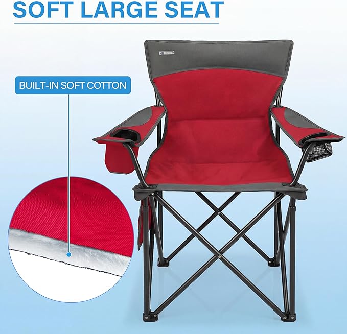 Oversized Camping Chair for Adults - 2 Pack Padded Lawn Chairs with Cup Holder &amp Side PocketHeavy Duty Folding Outdoor Chairs for CampSportsPicnicBeachRed