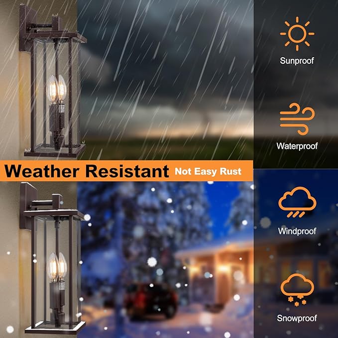 2-Pack 16 Large Outdoor Wall Light Fixtures 2-Light Exterior Front Porch Light Brushed Outdoor Sconce Lights Waterproof Farmhouse Lamp Lighting (Bronze 16in No Sensor)