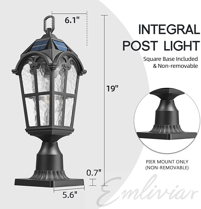 Emliviar 19 Portable Solar Post Light for Patio and Camping Table Lamp with Pier Mount Base in Black Finish Outdoor Solar Lighting with Water Grain Glass Shade YXE302P-ML SL BK