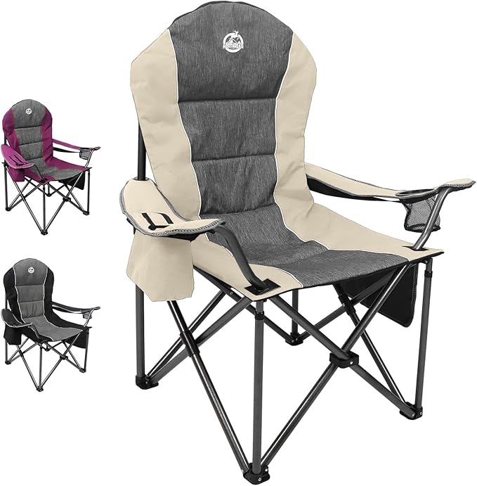 Northroad Oversized Portable Camping Chair Full Padded Outdoor Folding Chair Support 350 LBS Heavy Duty Lawn Chair with Cup Holder Cooler Bag Lumbar Support Head Pocket for Adult-Beige