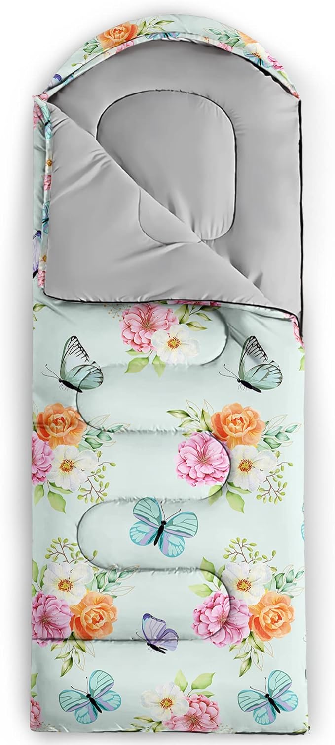 BSNTHO Butterfly Flower Printed Camping Sleeping Bags3 Season Warm &amp Cool WeatherLightweightWaterproof Sleeping Bags for Adults &amp KidsTravelingand OutdoorsCamping Gear Equipment31x90inc