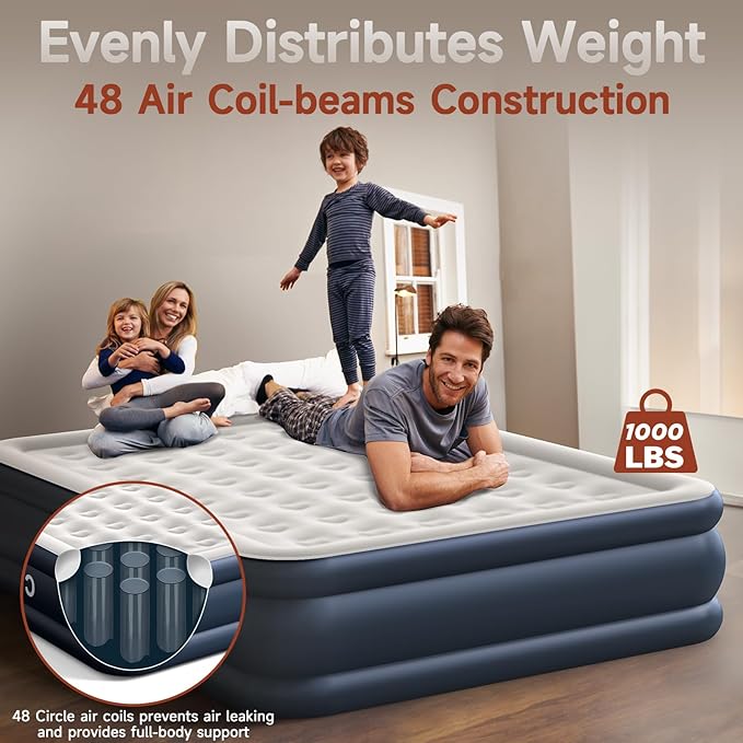 King Size Air Mattress with Built-in Pump 18in Raised Heavy Duty Inflatable Bed 1000lbs Maxs Fast Inflatable Blow up Mattress with Carry Bag Air Bed for Camping Sleepover Guest Room