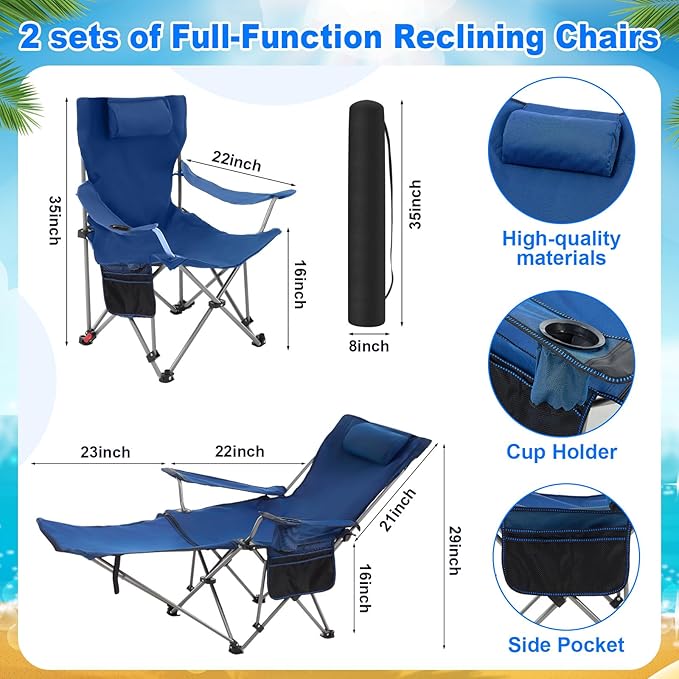 2 Set Reclining Camping Chair with Umbrella for Adult Folding Camping Chair with Foot Rest Adjustable Clamp Canopy Shade SPF 50+ Lounger for Outdoor Spring Summer Travel(BlueOxford)