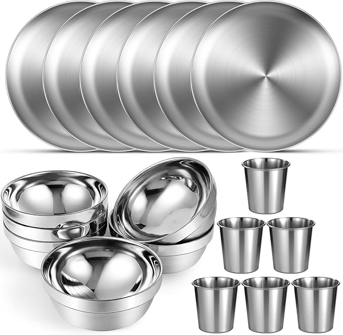 Sunnyray 6 Sets Stainless Steel Plates Bowls and Cups Metal Camping Stainless Steel Dinnerware for Serving Reusable Double Walled Insulated Plates Bowls and Cups for Rice Ice Cream