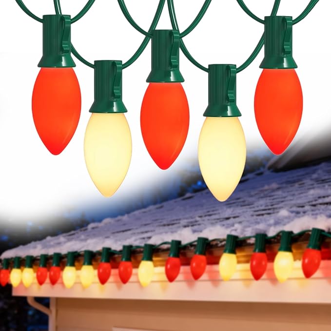 Red and White LED Christmas Lights25FT Vintage C9 Red White Christmas Lights Outdoor with 26 LED BulbsCommercial Extendable Xmas Light for Roofline Patio Holiday Party Backyard Xmas Decor