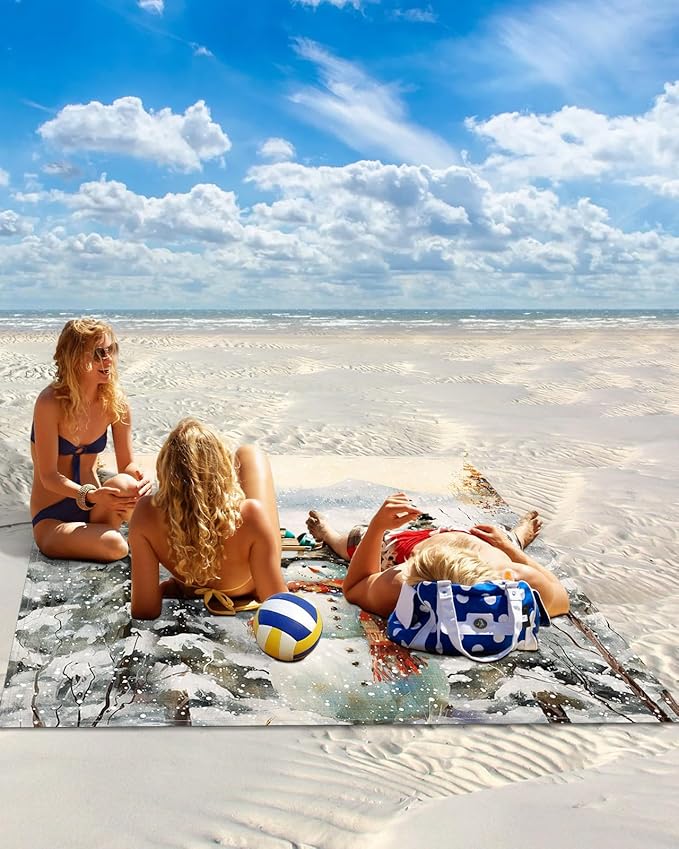 Beach Blanket Waterproof Sandproof Winter Christmas Cute Snowman Quick Drying Beach Mat with 4 Stakes Tree Forest Snow Scene Lightweight Picnic Blanket for Travel Camping Outdoor 118x108