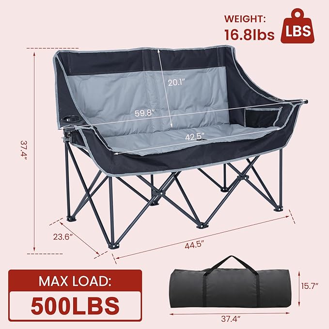 DoCred Heated Double Camping Chair Heated Folding Camping Chairs Loveseat Outdoor SportsHeating Oversized Loveseat Chairs for Adults2 Person Camp Chair with 3 Heat Levels Battery NOT Included