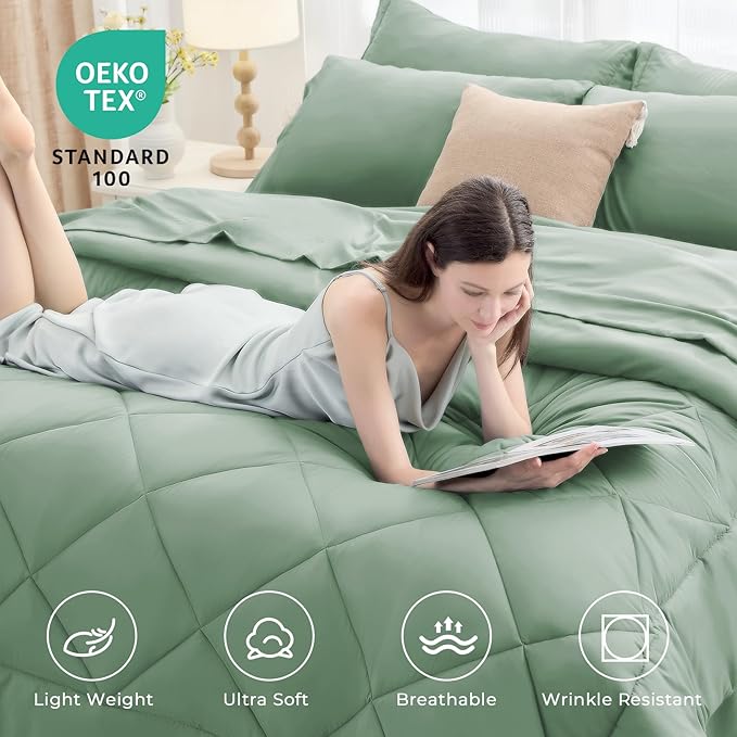 HEVUMYI Light Green Full Comforter Set - 7-Piece All Season Bed in a Bag Full Ultra Soft Bedding Set with Comforter Flat Sheet Fitted Sheet Pillowcases Pillow Shams