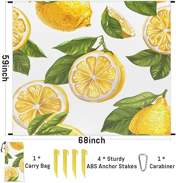 Waterproof Sandproof Beach Blanket 59''×68'' Lemon Polyester Outdoor Picnic Blanket with 4 Stakes &amp Storage Bag for BeachCampingVacation White Background