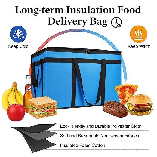 Bodaon Large 10-Pack Insulated Food Delivery Bag With Hard Bottom XXXL Catering/Pizza Cooler Bags Rideshare Delivery Bag Thermal Cold/Hot Styrofoam Carrier for Travel/Shopping/Car