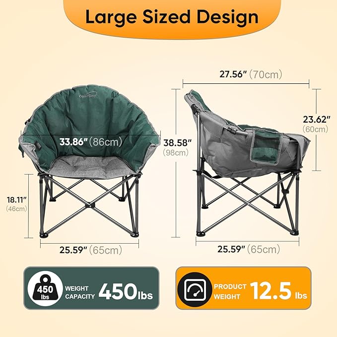 Colorsoul Heated Oversized Camping ChairsExtra-Large Padded Outdoor Chairs 3 Level Heating&amp450lbs SupportHeavy Duty Folding Heated Lawn Chair for PatioTailgatingBattery NOT IncludedGreen