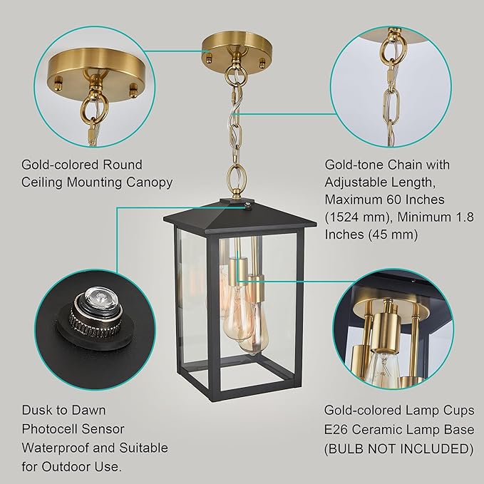 17IN Large Dusk to Dawn Outdoor Pendant Light 3-Light Modern Black Metal Outside Chandelier Exterior Hanging Fixture Ceiling Mount with Clear Glass for Front Porch Entrance Entryway