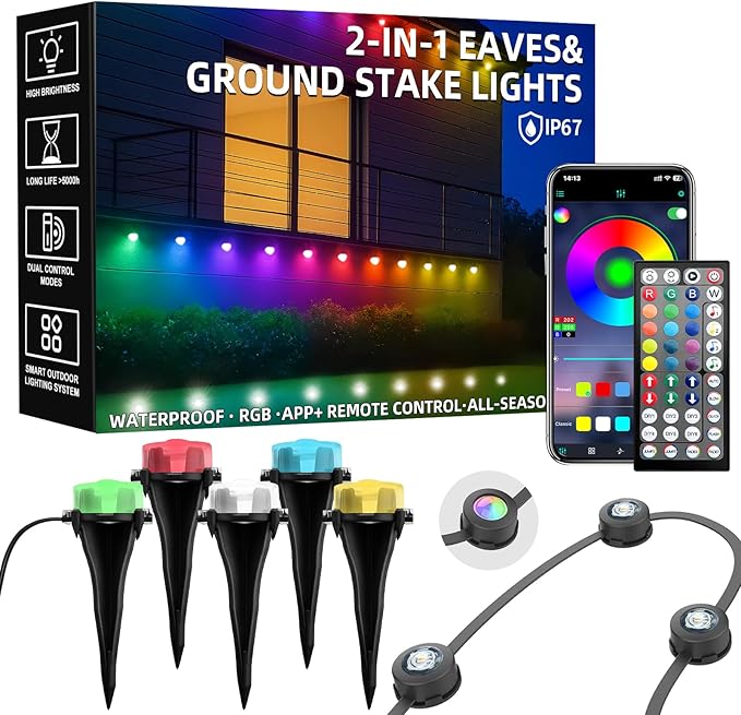 100 FT Permanent Outdoor Lights Waterproof 2-in-1 Eaves &amp Ground Stakes LED String Lights with App/Remote Control for House Garden– Smart Color-Changing Lighting for Halloween Christmas Decorati