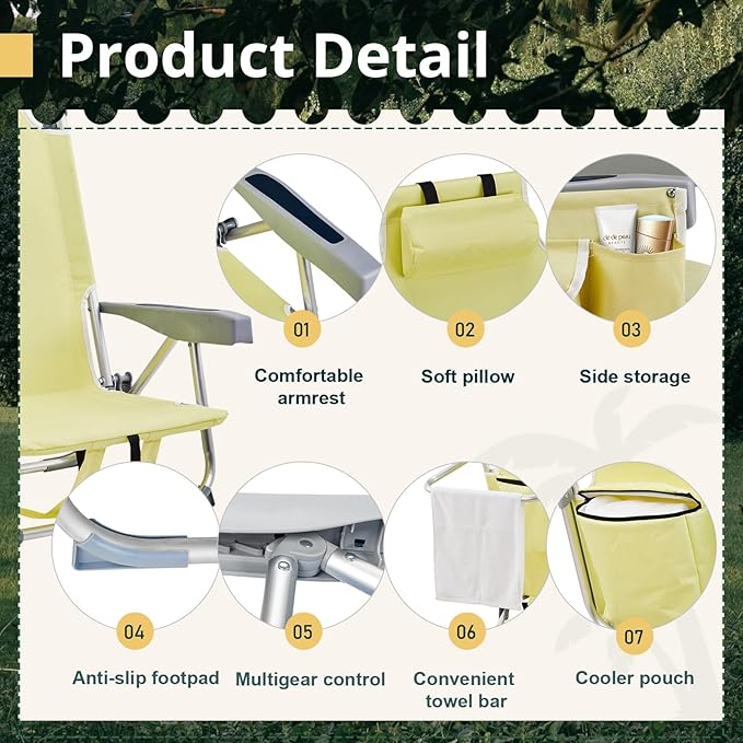 Backpack Beach Chairs Low 5 Position Beach Chair with Pouch Straps Folding Lightweight Reclining Aluminum Lay Flat Single (Yellow Low)