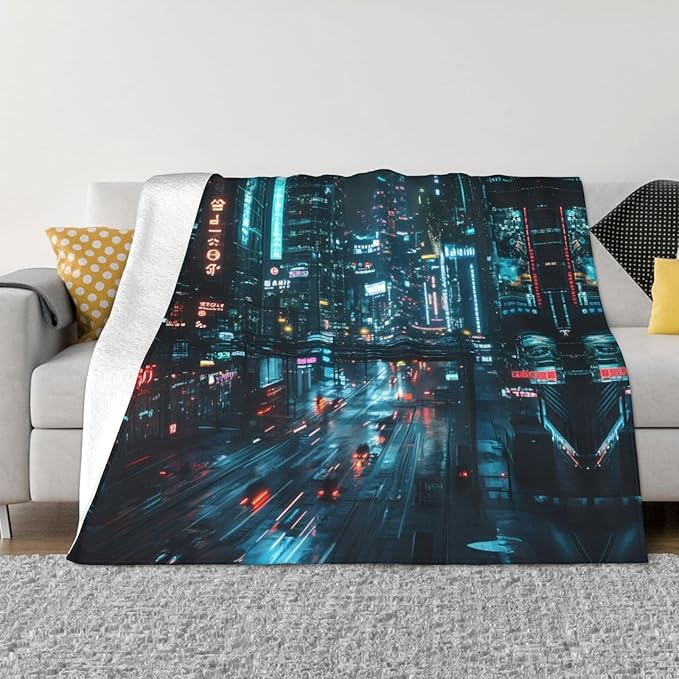 Rainy Night Street 80x60 Printed Soft Fleece Blanket for Sofa Bed and Camping - Cozy Blanket for Travel Picnics Nighttime Use