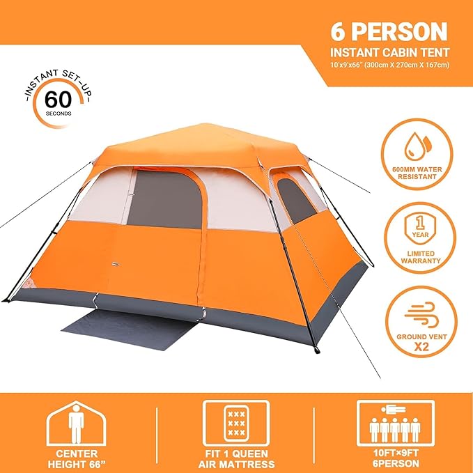 6 Person Tent Tents for Camping6 Person 60 Seconds Set Up Camping Tent Waterproof Pop Up Tent with Top Rainfly Instant Cabin Tent Advanced Venting Design Provide Gate Mat
