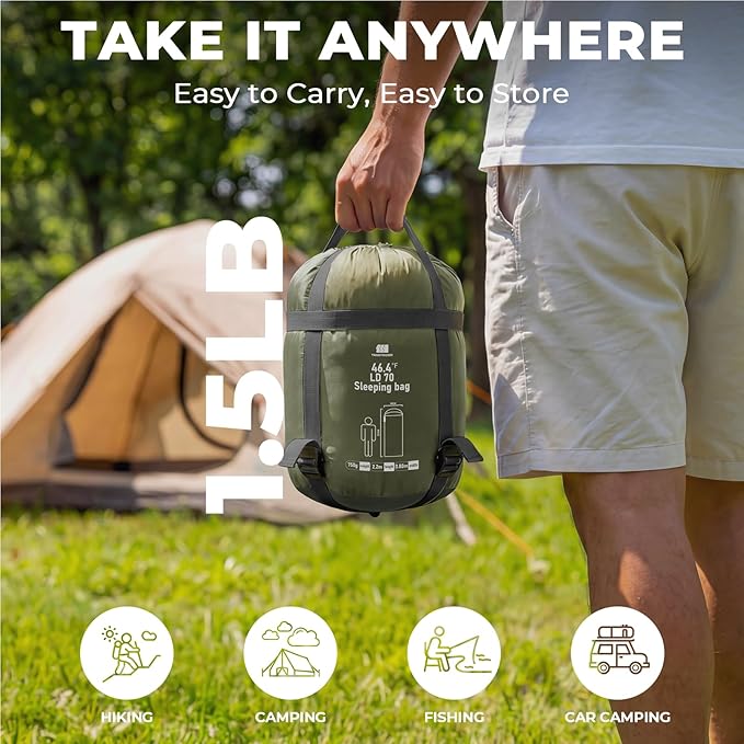 Ultralight Warm Weather Sleeping Bag - Portable Waterproof Compact Lightweight Comfort with Compression Sack - Great for Outdoor Camping Backpacking &amp Hiking