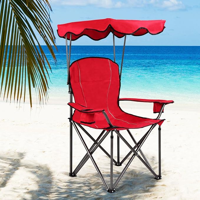 COSTWAY Portable Camping Chair with Canopy Outdoor Lawn Chair with Shade Carry Bag Cup Holder for Travel Picnic Beach (Red)