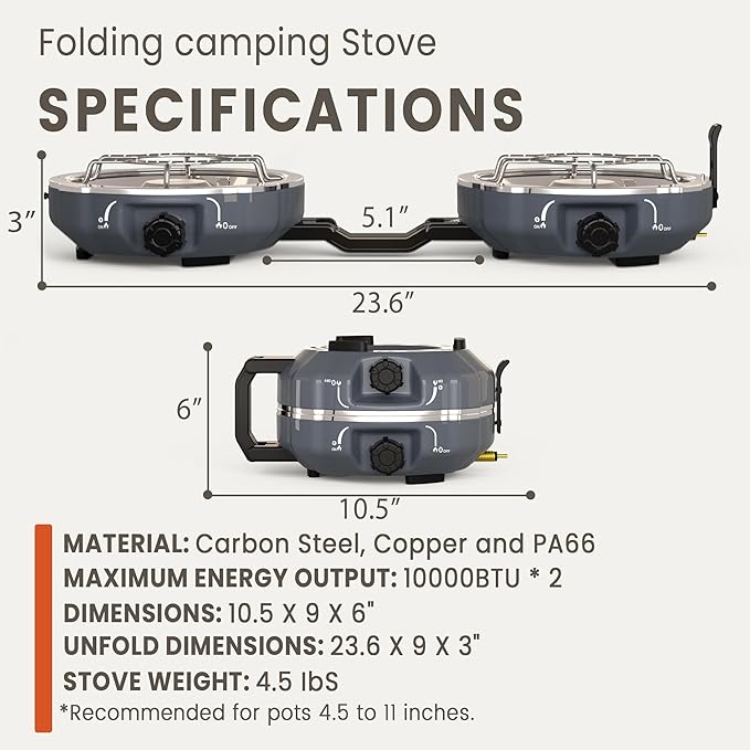 20000 BTUs 2 Burner Propane Camping Stove Portable Folding Camp Stove with Adjustable Burners Built-in Ignition and Carrying Bag Dual Gas Stoves for Tailgating Camping BBQ Overland Grey