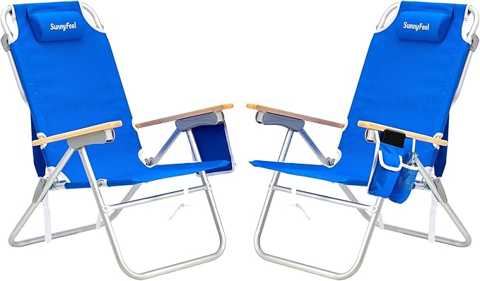 SUNNYFEEL Tall Beach Chair Reclining Beach Chair with 5-Position Portable Camping Chair for Adults with Wood Armrest Lightweight Camping Chair 300 lbs Heavy Duty Blue 2 Pack