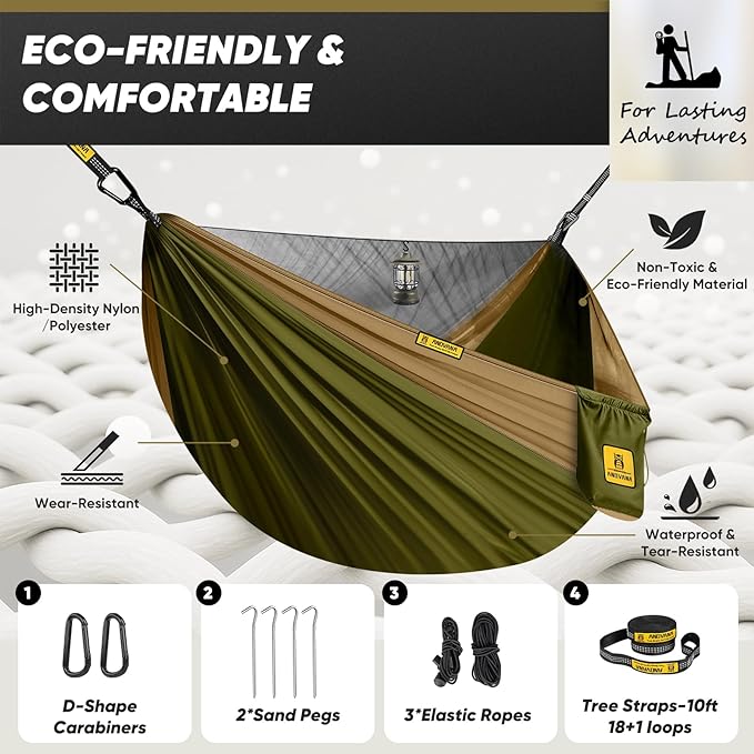 Camping Hammock with Mosquito Net 600 lbs Portable Hammock with Tree Straps2-in-1 Double/Single Travel hammocks Tent for Outside/Indoor/Backpacking/Beach-Green&ampKhaki