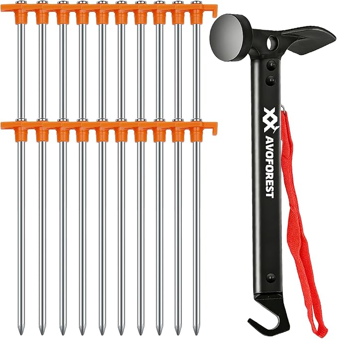 20 Pcs Tent Stakes with Camping HammersAvoforest 7.1 Inch Non-Rust Metal Tent Pegs + Portable Tent Stakes Hammers Ground Stakes and Tent Accessories Camping with Storage BagGardenHiking