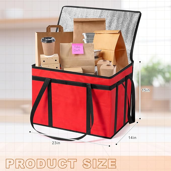 10 Pcs Insulated Food Delivery Bags XXXL Pizza Delivery Catering Bags Large Capacity Cooler Carrier with Handle for Hot and Cold Food Grocery Travel Lunch Shopping Red
