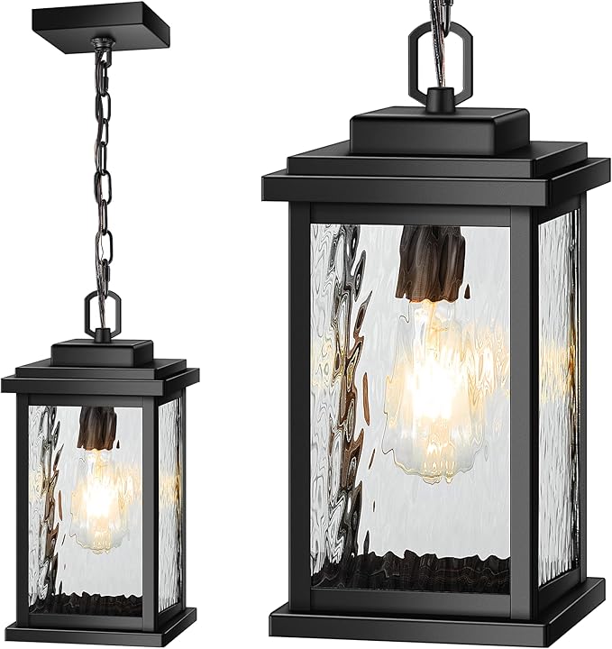 VIANIS Large Anti-Rust Outdoor Chandelier with Adjustable Wire Black Pendant Light with Water Glass for Porch GardenGarage Easy-to-Install Outdoor Hanging Lantern Suiting for Sloped Ceiling