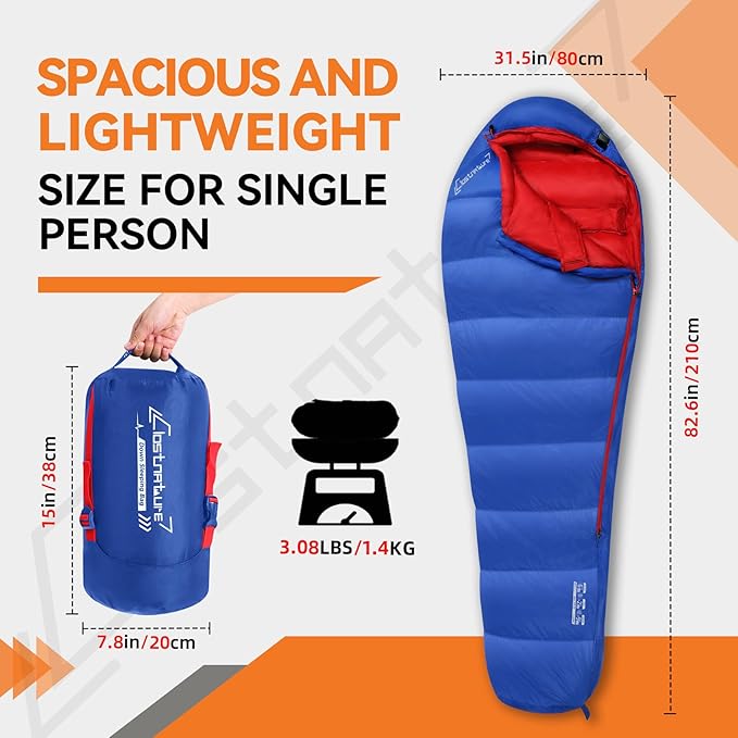 Clostnature Down Sleeping Bag for Adults - 20D 550 Fill Power Backpacking Mummy Sleeping Bag for 16°F - 45°F Lightweight 4 Season Clod Weather Camping Gear with Compression Sack
