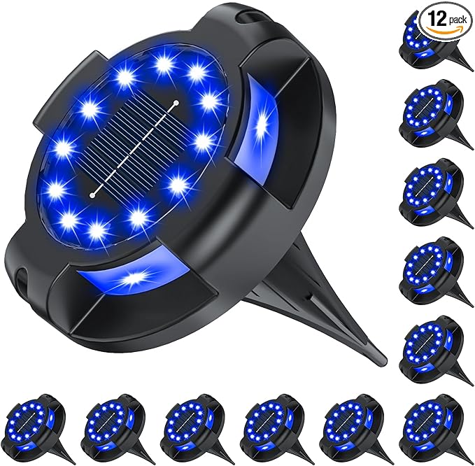 Solar Pathway Lights Outdoor 12 Packs Bright Blue 16 LEDs Solar Ground Lights Walkway Lights with Side Light Waterproof Solar Deck Light for Yard Walkway Garden Poolside Driveway Decorations