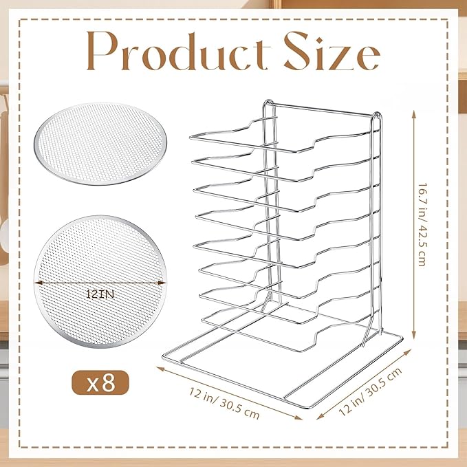 Zhehao Pizza Rack 8 Tiered Stand 16.7'' H x 12'' L x 12'' W and 8 Pcs Pans with Holes Aluminum Baking Set for Easy Storage and Baking Multiple Pizzas