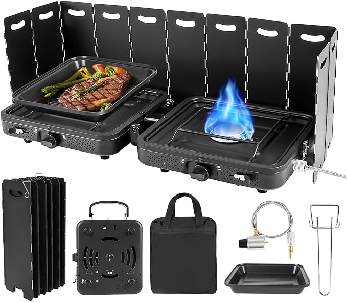 2 Burner Propane Camping Stove 17200 BTU Adjustable Burners Foldable Propane Camp Stove with Grill &amp Windscreen Double Burner Portable Folding Gas Stove with Carry Bag for Outdoor Camping BBQ