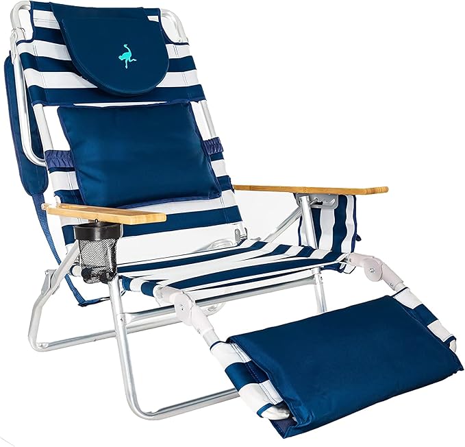 Ostrich Portable Deluxe 3-in-1 Padded Sports Chair w/5 Positions and Footrest &amp On-Your-Back Outdoor Camping Recliner w/5 Positions Blue Stripe