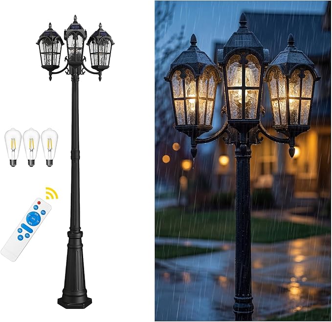 Emliviar 82.7 3-Head Outdoor Solar Lamp Street Lights Dusk to Dawn Post Lighting for Driveway Garden LED Exterior Black Pole Light with Water Grain Glass YXE302PL-3 SL BK