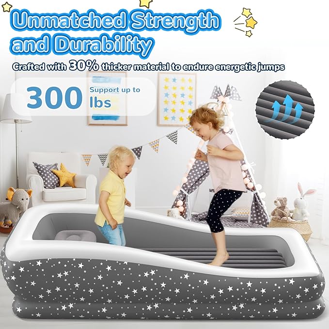 Inflatable Toddler Travel Bed - 67'' Large Size Safety Kids Air Mattress with 4 Sides - Portable Camping Bed for Outdoor Sleepovers Easy to Inflate &amp Deflate with Storage Bag &amp Pump Grey