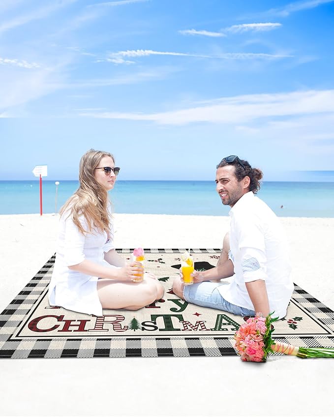 Beach Blanket Waterproof Sandproof OversizedSnowman Merry Christmas Holly Berry Beach Mat with Corner Stakes Sand PocketsWinter Snow Vintage Linen Outdoor Picnic Mat for Travel Camping 95x80In