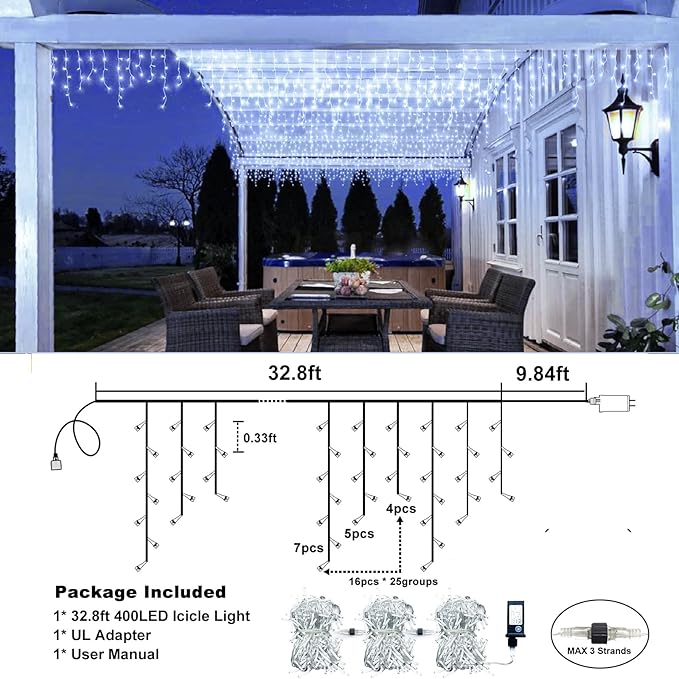 Icicle Lights for Outside 33FT 400 LED Icicle Christmas Lights Outdoor with 8 Modes 75 Drops Waterproof Plug in Curtain String Lights for Indoor House Yard Wedding Xmas Holiday Decorations White
