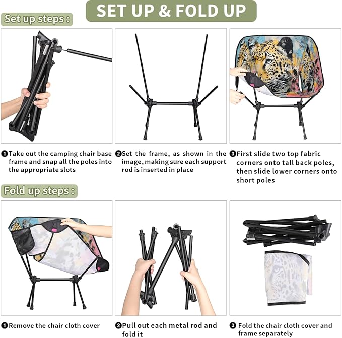 Cute Tiger Camping Chair Lightweight Portable Chairs for Adults Easy Installation Outdoor Foldable Camping Chair for Camping Fishing Hiking Picnic Beach