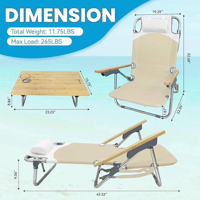 2 Pack Low Backpack Beach Chair with Folding Bamboo Table for Adults 5-Position Lay Flat Reclining Chair Lightweight with Cooler Bag Supports 265 lbs