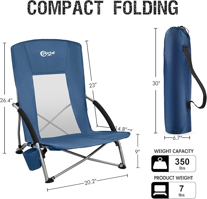 Portal Beach Chairs for Adults Camping Low Lightweight Portable Chair with Cup Holder Mesh Back Carry Bag for Outdoor Sand Lawn Travel Picnic Festival Concert