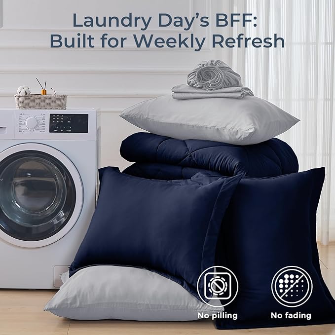 HEVUMYI King Comforter Set - 7-Piece All Season Bed in a Bag King Ultra Soft Bedding Set with Comforter Flat Sheet Fitted Sheet Pillowcases Pillow Shams Navy Blue &amp Light Grey