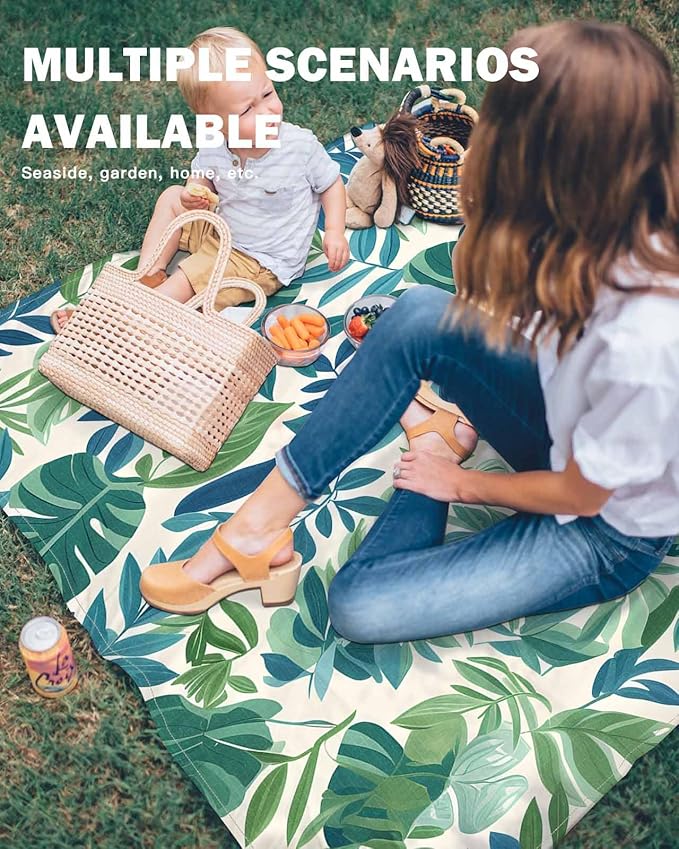 Summer Tropical Plant Beach Blanket Waterproof Sandproof Green Blue Leaf Pastoral Style Beach Mat Quick Drying Outdoor Picnic Mat 108 x 84 for 1-6 Adults Essentials for Travel Camping Hiking
