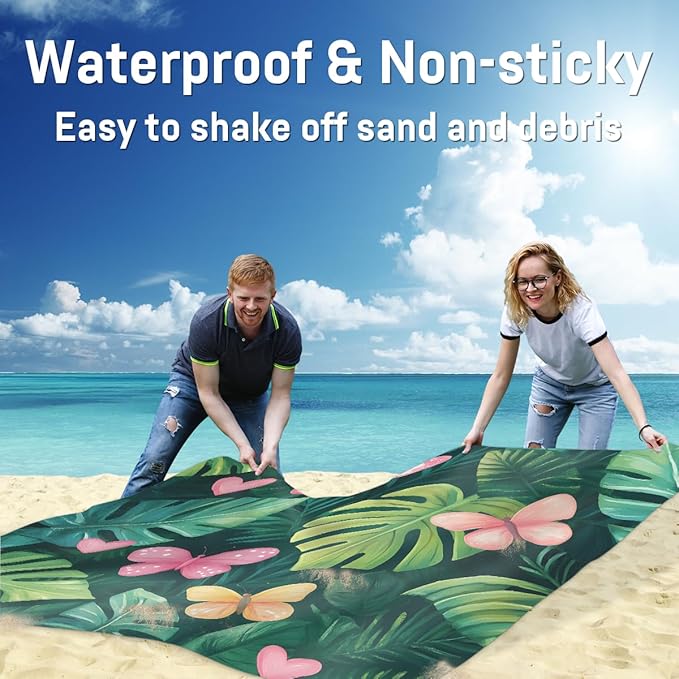 Waterproof Sandproof Beach Blanket 59''×68'' Artificial Palm Leaves Polyester Outdoor Picnic Blanket with 4 Stakes &amp Storage Bag for BeachCampingVacation Green
