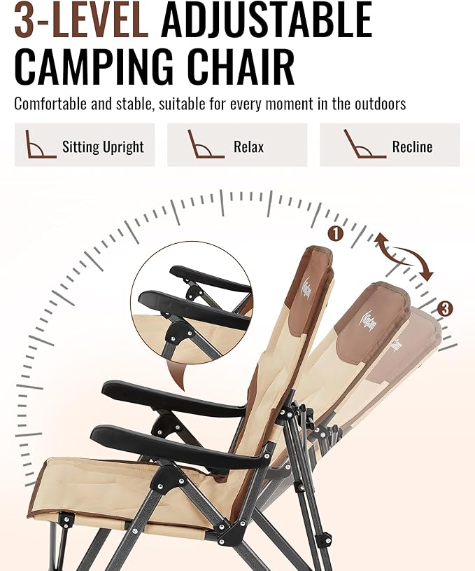 KingCamp Folding Camping Chair Adjustable 3-Position Reclining Outdoor High Back Camp Chair with Hard Armrests Heavy Duty Portable Chair Dual-Layer Padded Seat &amp Storage for Camping Lawn Back