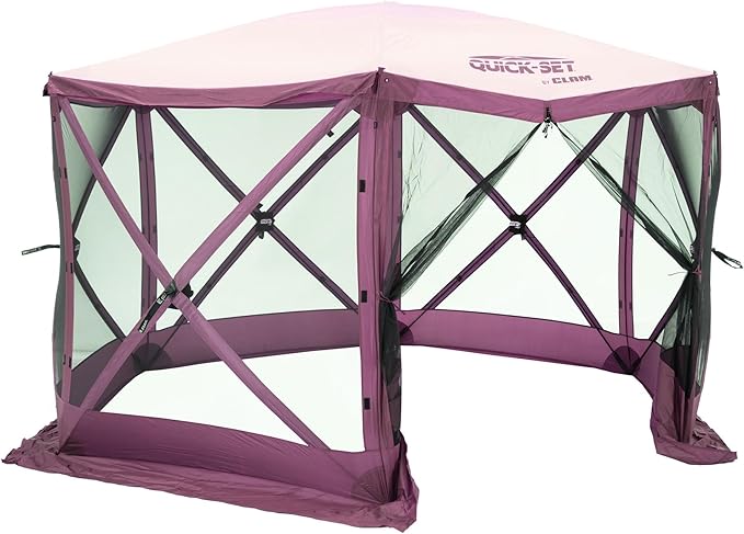 CLAM Pop-Up Screen Tent 11.5' Outdoor Camping Gazebo Portable 6-Sided Canopy with Ground Stakes &amp Carry Bag Escape Plum