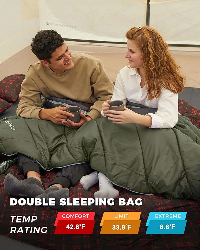 KingCamp Double Sleeping Bag for Adults Queen Size 2 Person XXL Flannel Sleeping Bag Waterproof Lightweight Flannel Quilt with 2 Pillows Perfect for Couples Family Camping Hiking